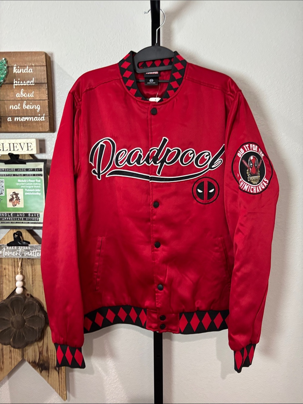 Marvel Red Deadpool Satin Bomber Jacket with Black Diamond Trim 23pp 27L